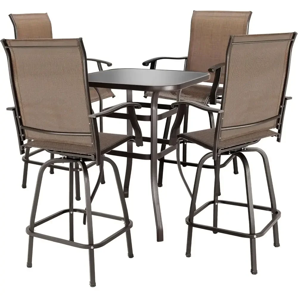 5-Piece Outdoor Bar Set: Glass Top Table & 4 Swivel Chairs, Black & Brown