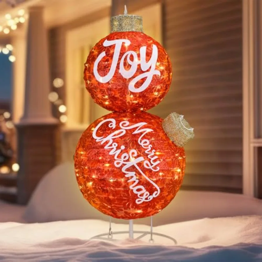 

35" Giant Outdoor Christmas Ball Ornaments - Lighted Pop-up Stacked Holiday Ornaments with Built-in LED Warm Lights Oversized G