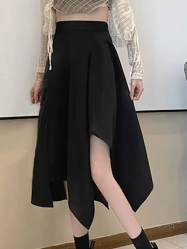 Asymmetrical High Waist Midi Skirt for Women in Black A-Line Silhouette Spring 2025 New Style Commute Length Summer Season