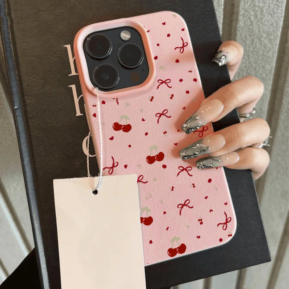 Cherry Phone Case For iPhone 11 Case iPhone 13 15 14 12 16 Pro Max 14 15 16 Plus Shockproof Soft Leather Cute Heart Bow Cover