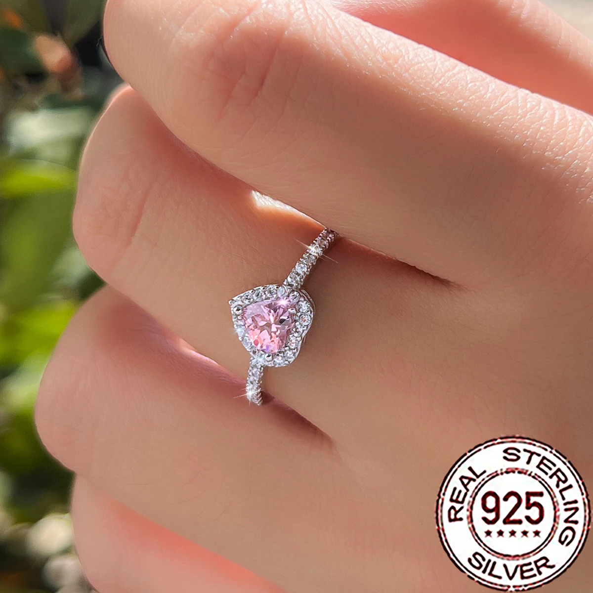 

QooLady 925 Sterling Silver Romantic Pink CZ Crystal Big Heart Shape Rings for Women Lover Wedding Engagement Jewelry Gift SR082