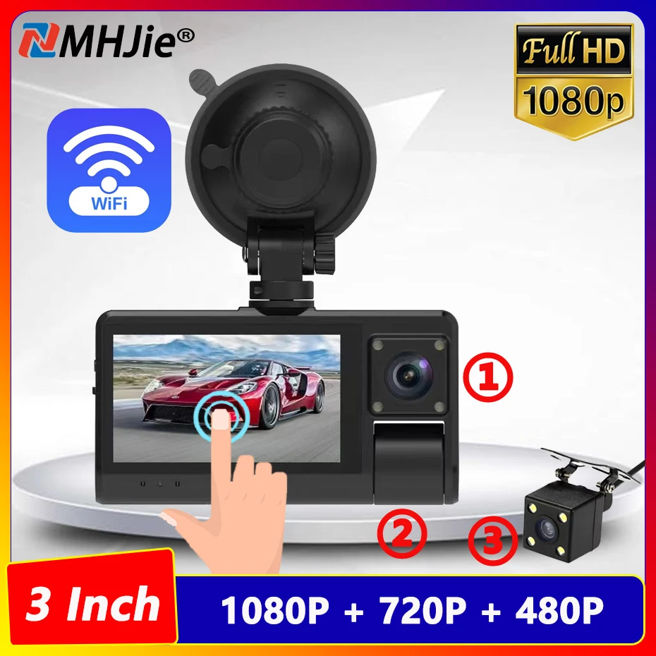 

Автомобильный видеорегистратор с 3 объективами и Wi-Fi, FHD 1080P, 3-дюймовый видеорекордер, камера заднего вида для автомобиля, ночное видение, автомобильные аксессуары