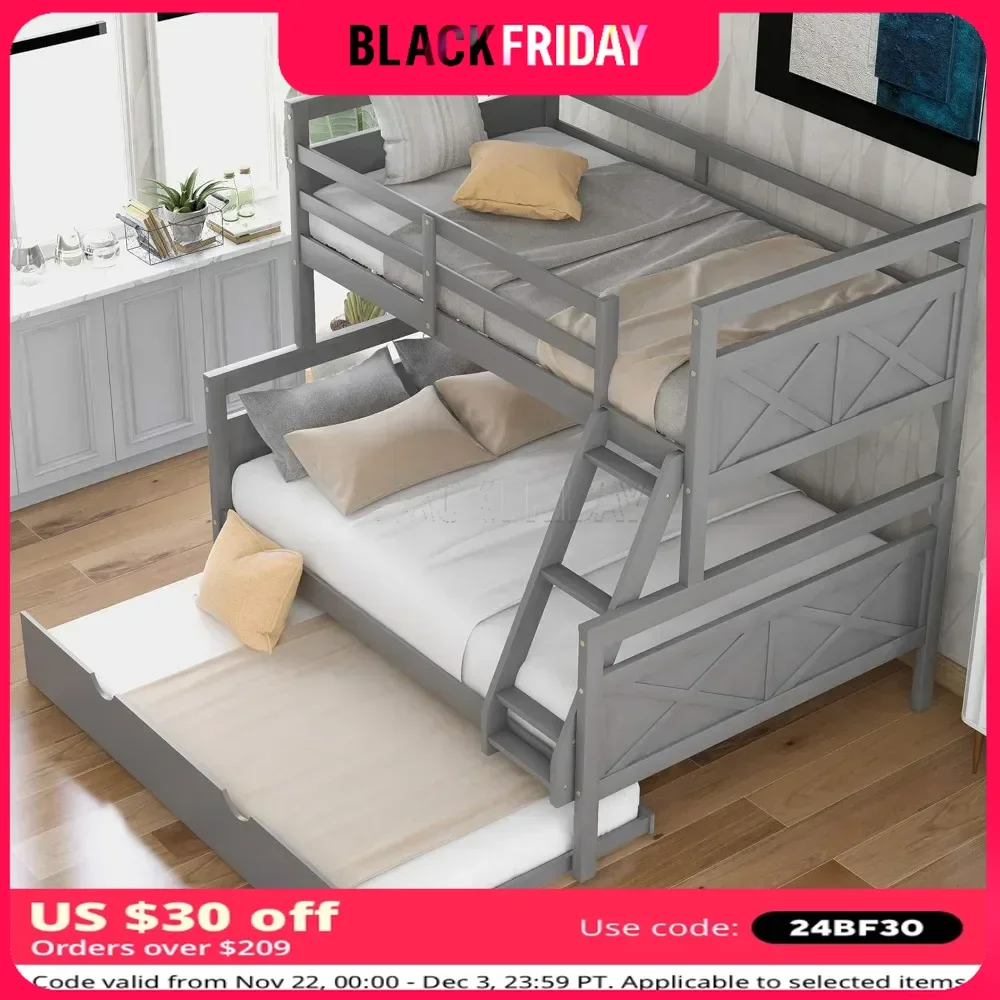 Bunk Bed, Twin Over Full Wood Bunks Beds with Twin Size Trundle,  with Guardrail and Ladder, Solid Wood Bunk Bed Frame