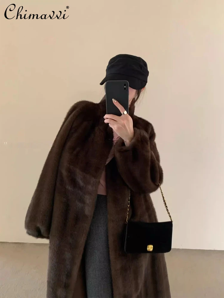 خريف شتاء جديد الراقية أنيقة ضئيلة طويلة الوقوف طوق معطف فرو المنك موضة كم طويل دافئ سميكة الفراء سترة علوية