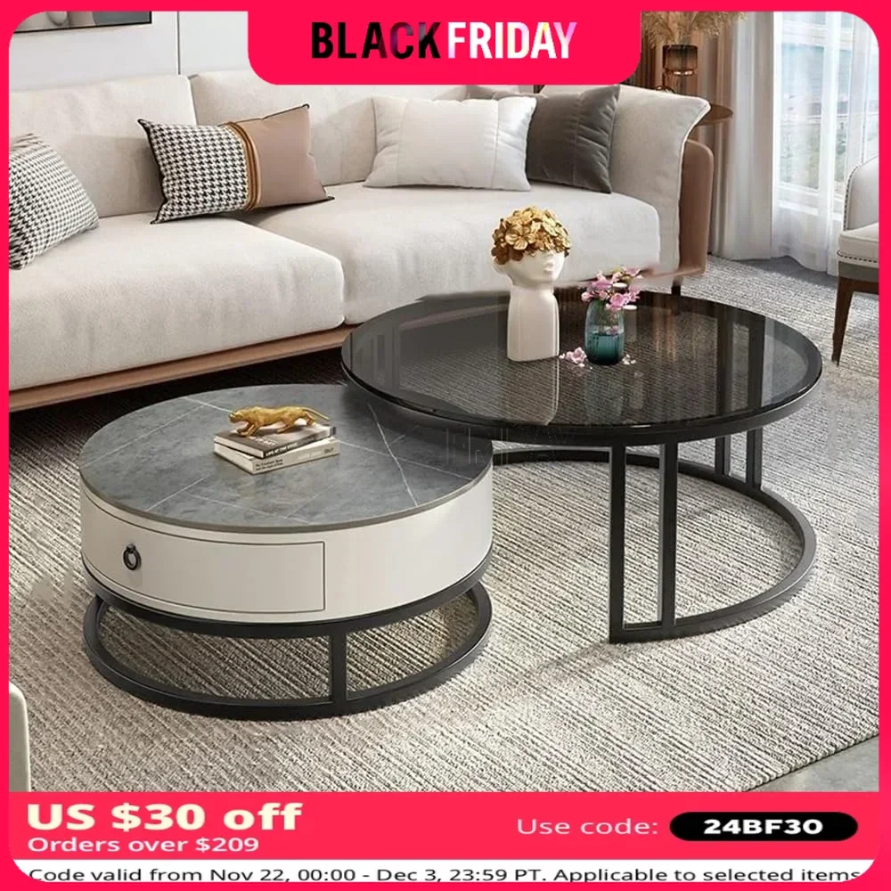 Coffee Table Set of 2, Round Center Tables with Storage Drawer Glass Slate Stone Side Table