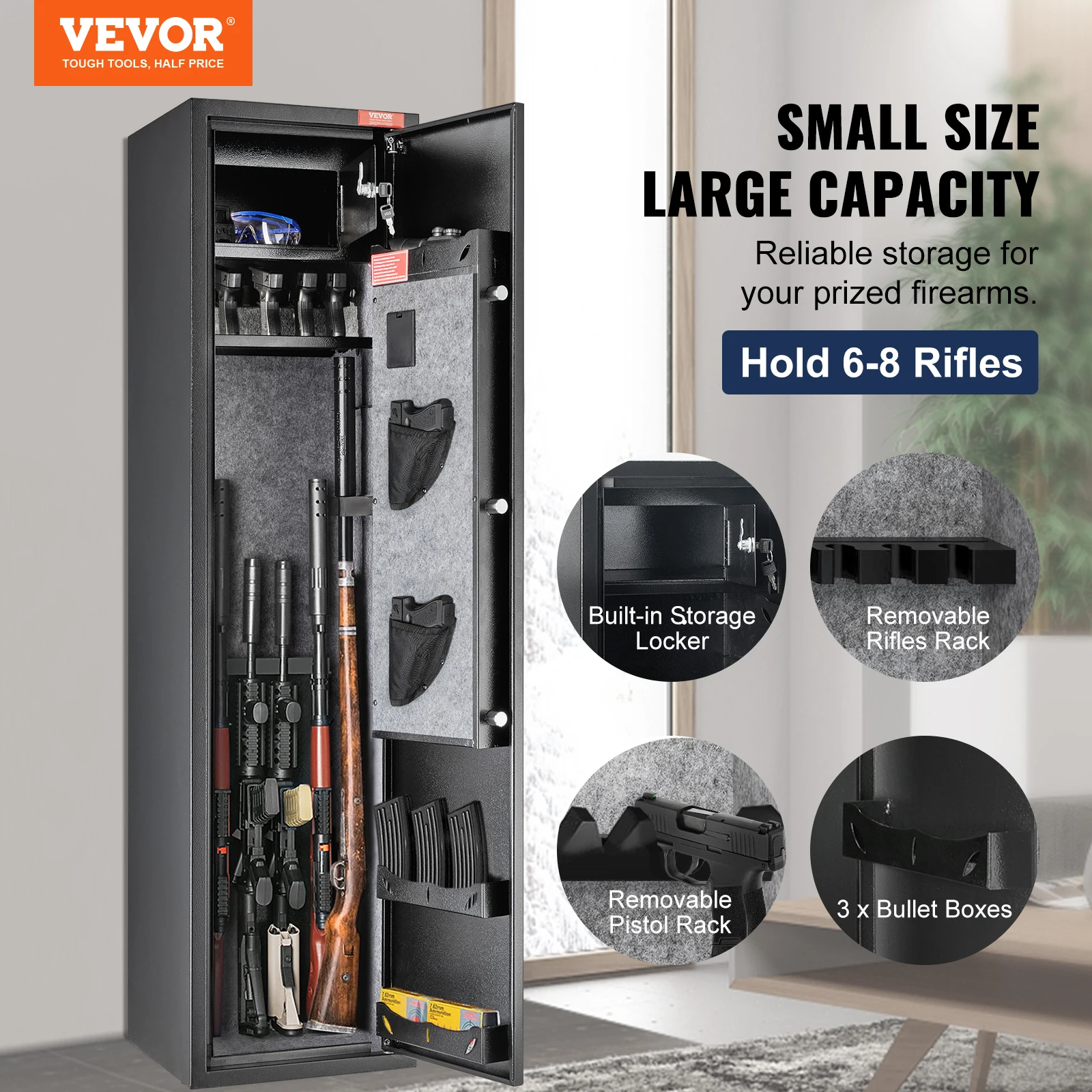 VEVOR-Gun Safe com teclado digital e bloqueio, armário de armazenamento de armas, prateleira de armazenamento removível para casa, pistolas longas, 3-8