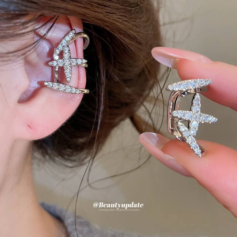 Non Pierced Geometric Cross Ear Cuff Full Pav Zircon Sparkle Cartilage Clip On Earrings Modern Minimalist Ear Jewelry