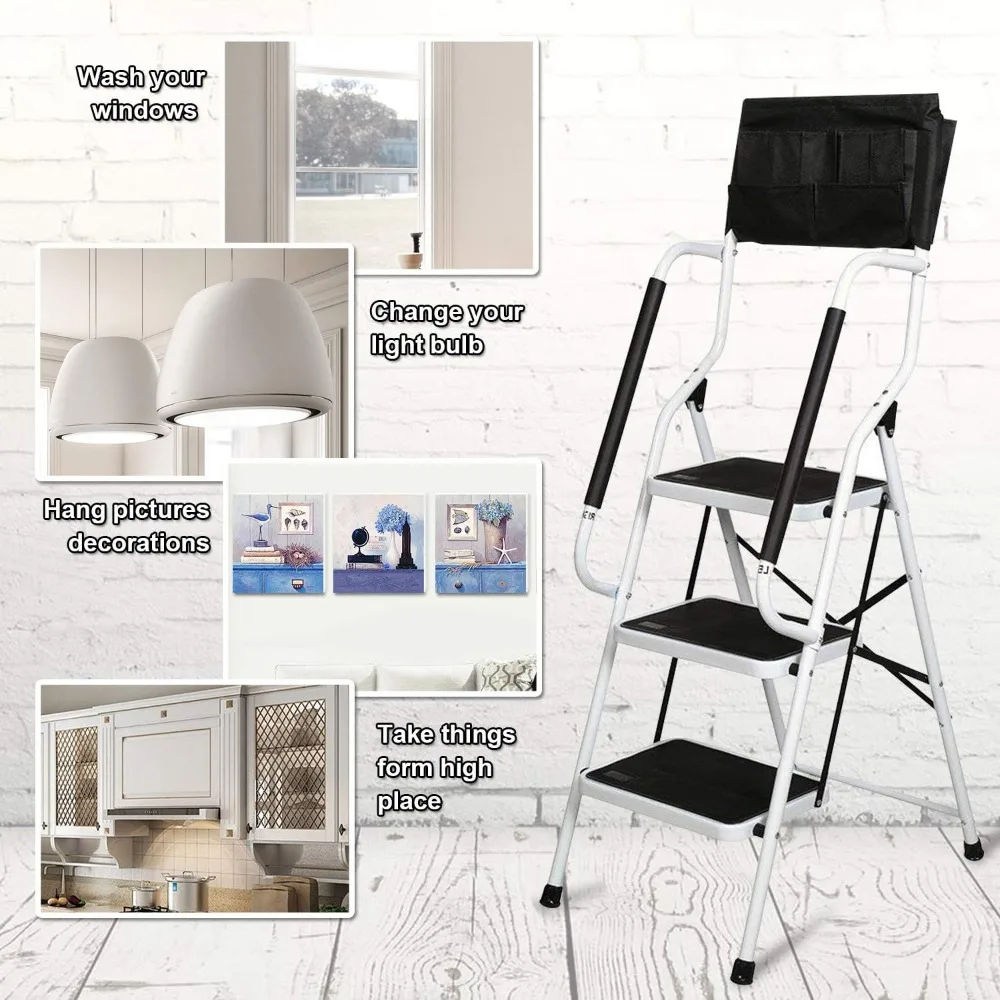 손잡이가 있는 접이식 3단 사다리 - 500파운드 용량, 강철 프레임, 안전 측면 손잡이, 가정용 주방 사용에 이상적