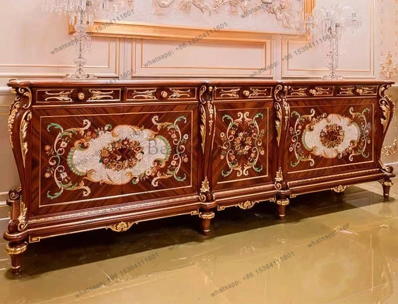 New Chinese classical solid wood carving flower display cabinet French foyer entrance table shell parquet dining side storage
