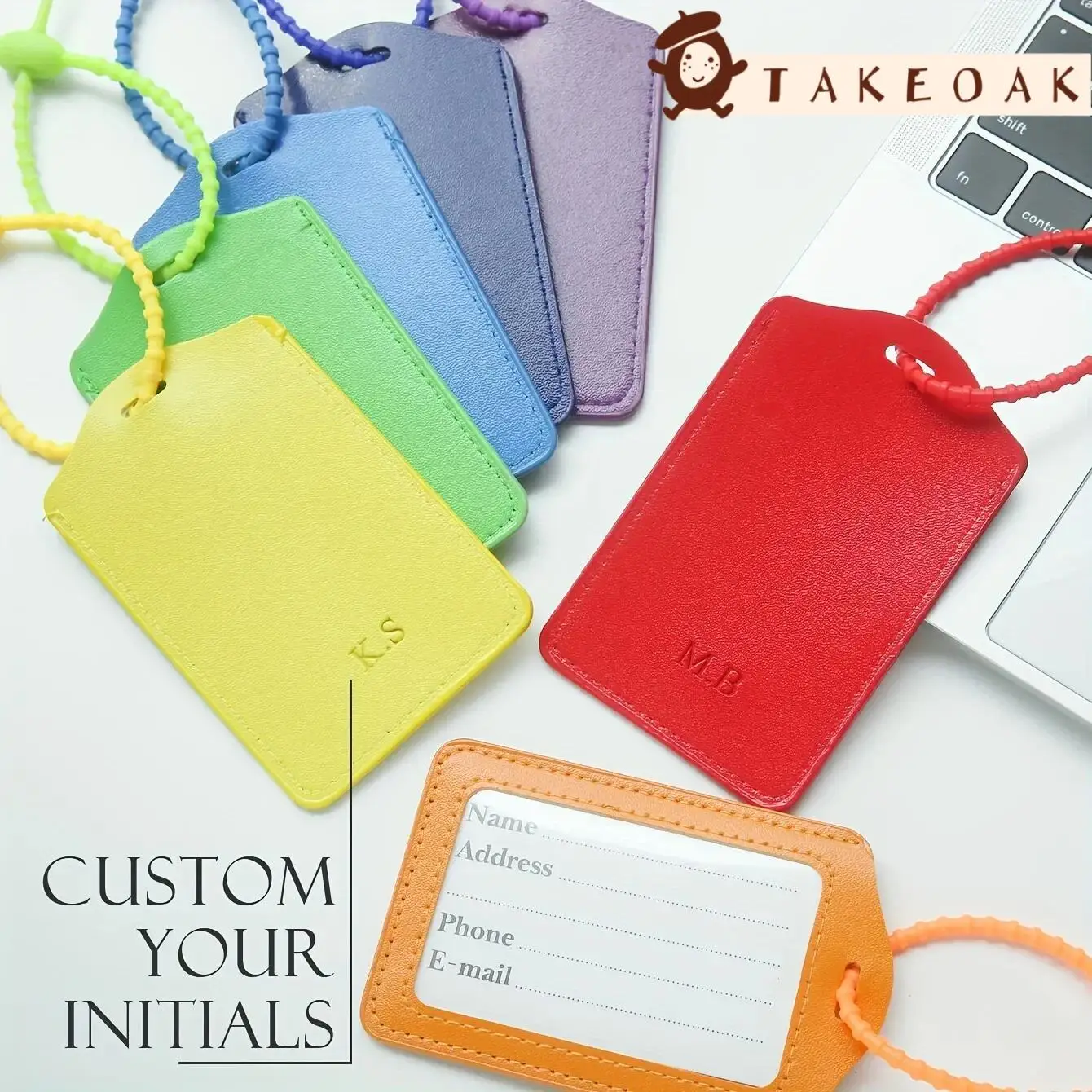 

Takeoak Personalized Custom Embossed Name Leather Luggage Tag Silicone Cord Strap Privacy Cover Suitcase Anti-Lost Travel Label