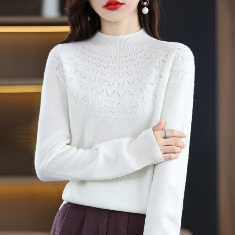 100% Wool Sweater Women Half High Collar Hollow Out Long Sleeve Top Autumn Winter Fashion Knit Female Warm Loose Pullover Jumper