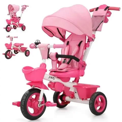 7 in 1 Tricycle Stroller with Push Handle for 18 Months to 5 Years Pink 360 Swivel Seat Reclining Backrest All-Terrain Wheels D