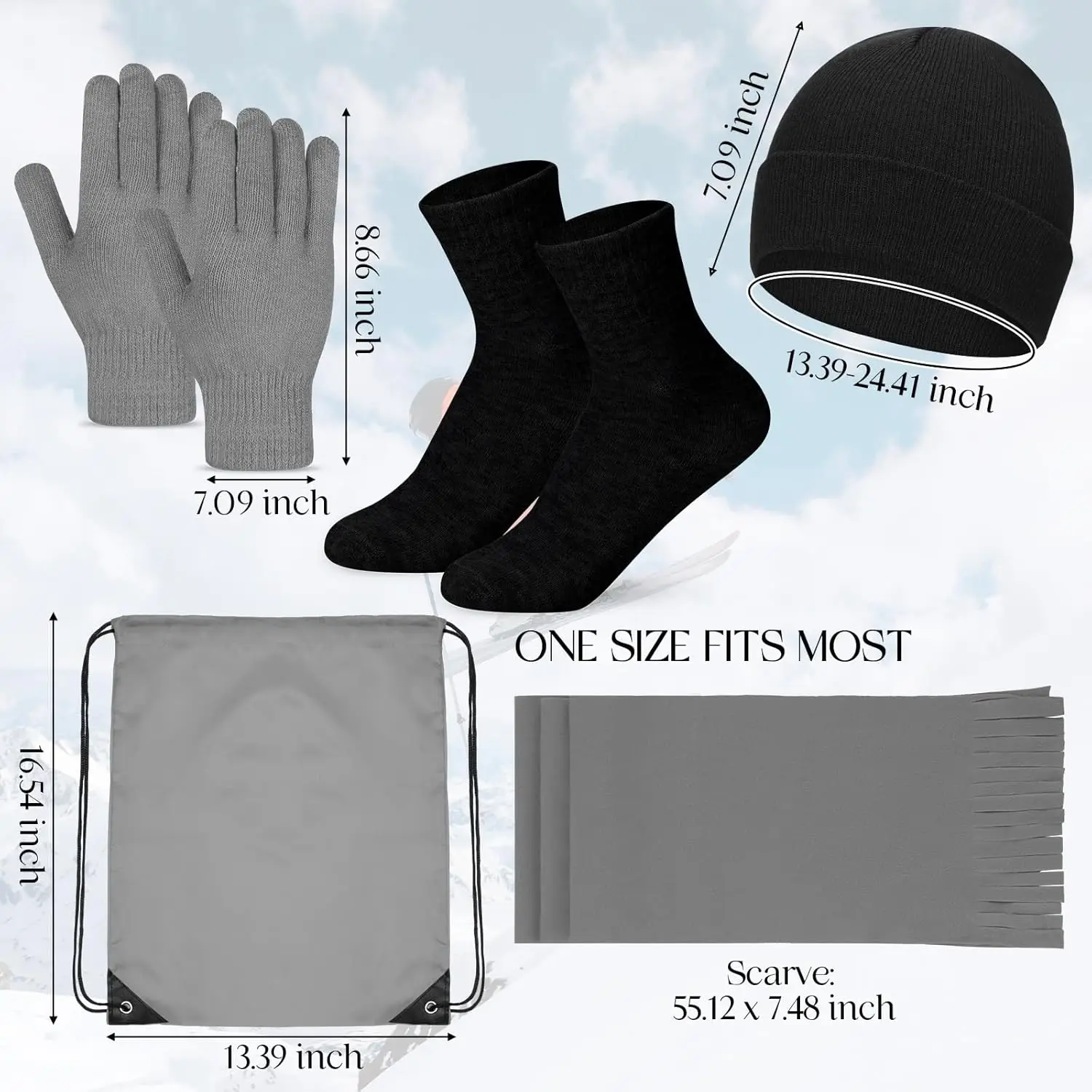 240 Pcs Homeless Care Package Supplies Winter Beanie Hat Gloves Socks Scarves Polyester Drawstring Bags for Women Men