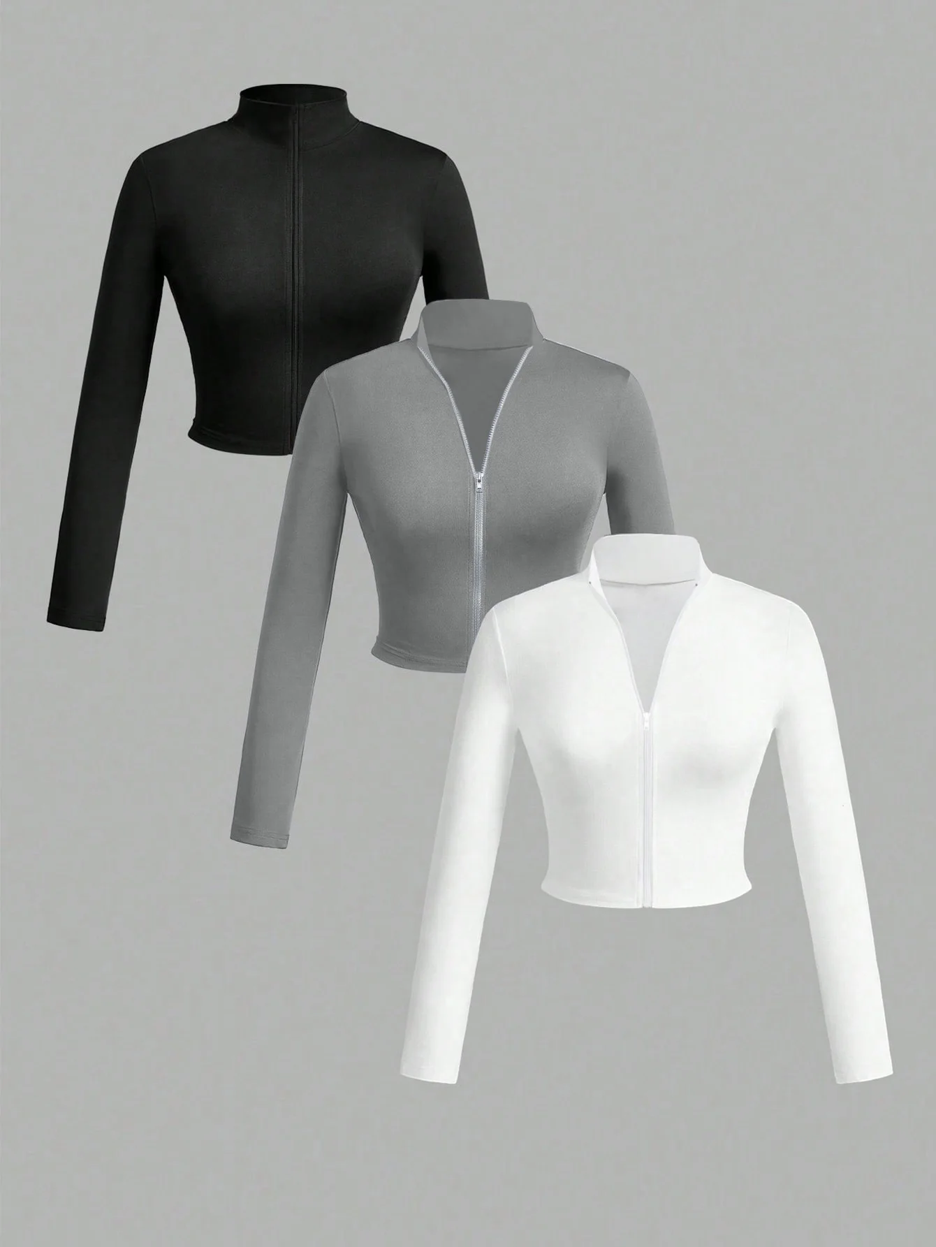 

Women's solid color half turtleneck long-sleeved jacket, casual and comfortable three-piece zipper cardigan top set