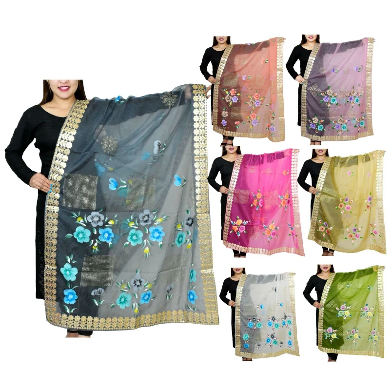 Women's Dupatta Gota Patti Printed Organza Long Scarf Indian Ethnic European and American Fashion Trends