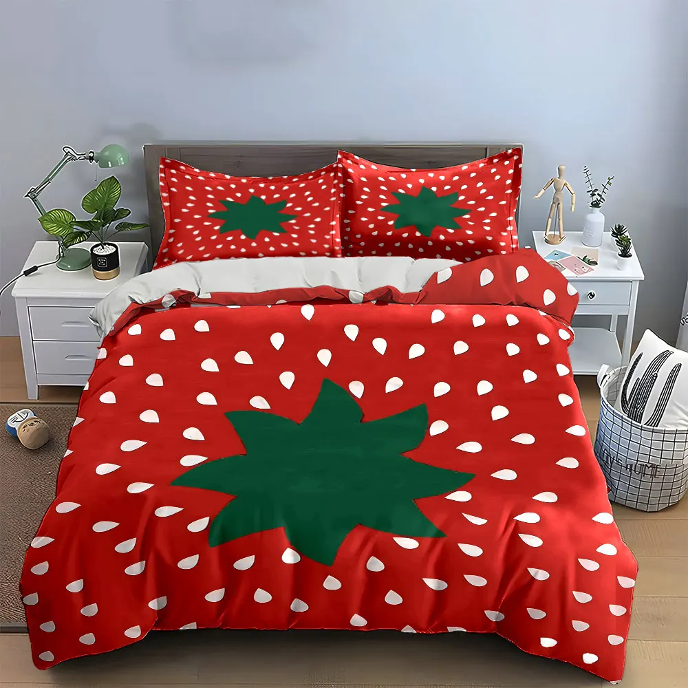 Strawberry Theme Home Decoration Set Bedding Set with 1 Duvet Cover 2 Pillowcases Single Double King Queen, Gift