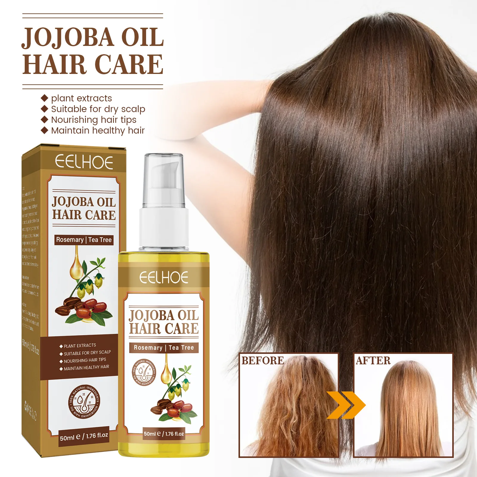 Aceite de jojoba para el cuidado del cabello, Aceite Esencial Hidratante, reparación de encrespamiento, seco, dañado, grueso, suave, nutritivo, suero para el cabello sin aclarado