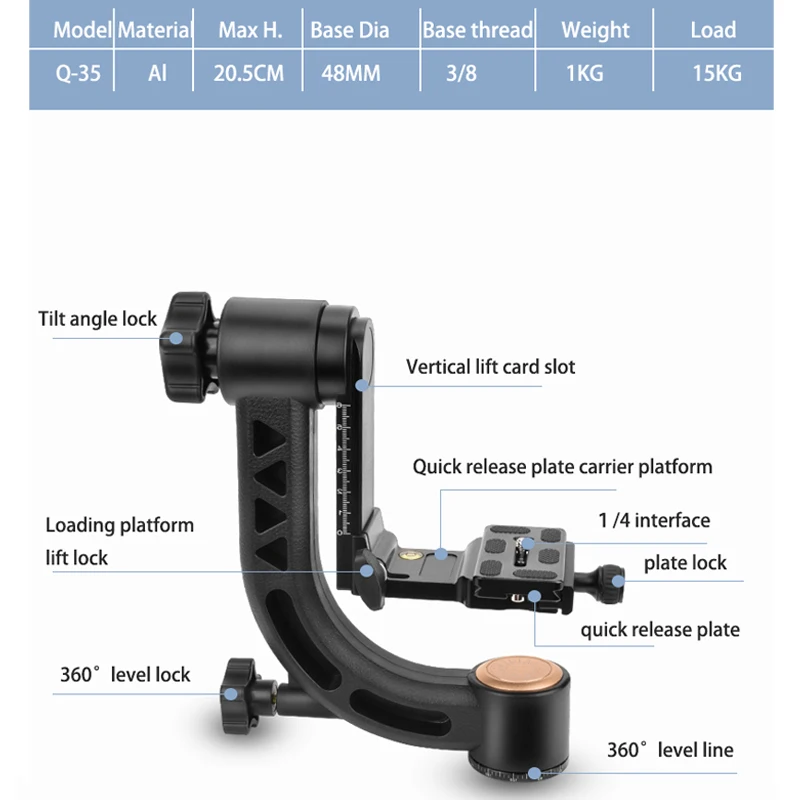 QZSD Q35 360 Degree Panoramic Gimbal Tripod Ball Head 1/4 Inch Screw with Quick Release Plate for DSLR Camera Telephoto Lens