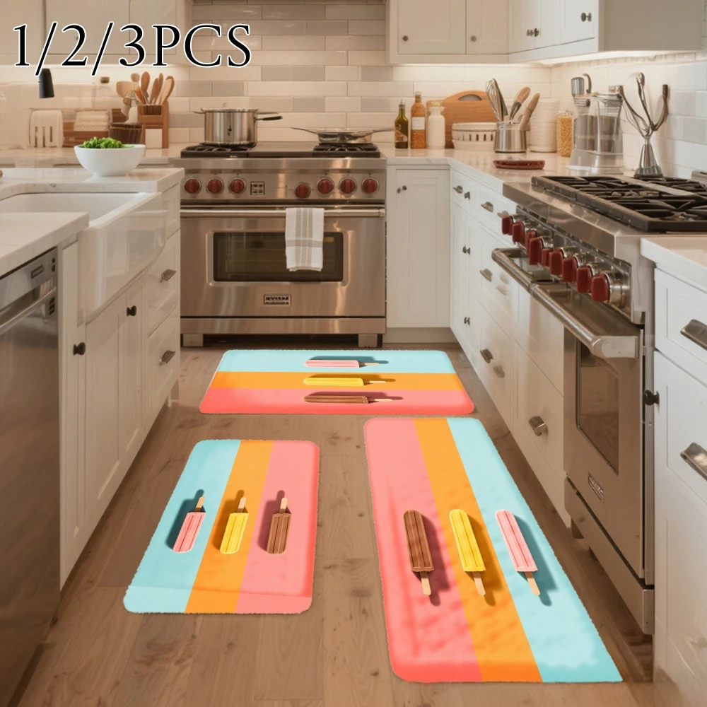 3PCS Kitchen Rugs,Home Decoration for Front Door, Kitchen, Bathroom, Colorful Ice Cream Pattern Print Dining Mat