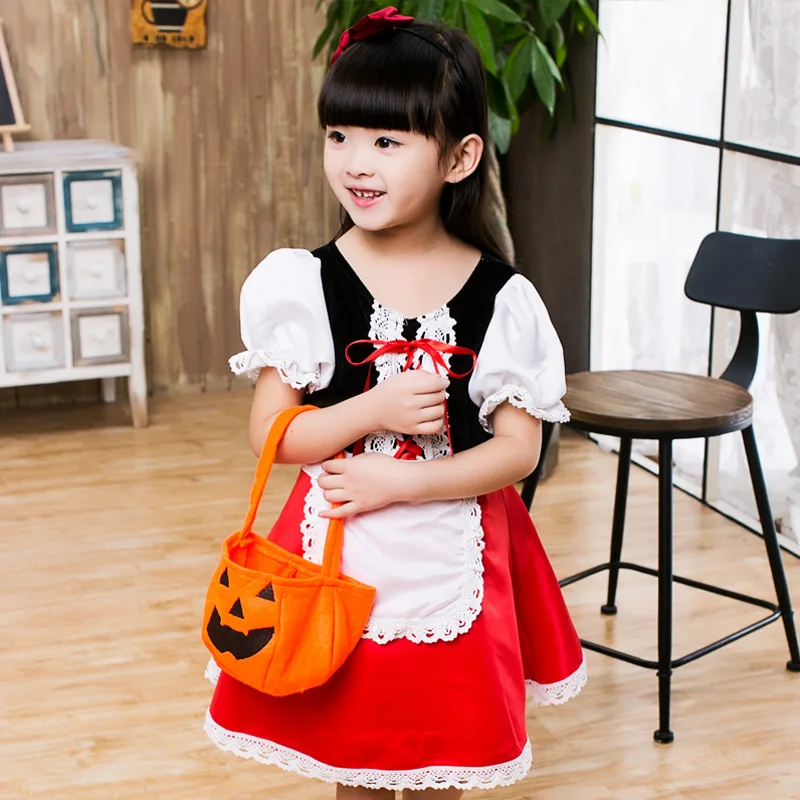 Children Fairytale Themed Cosplay Outfit Girl Red Cloak Apron Dress With Hair Hoop Necklace For Holiday Masquerade Stage Show - view 5
