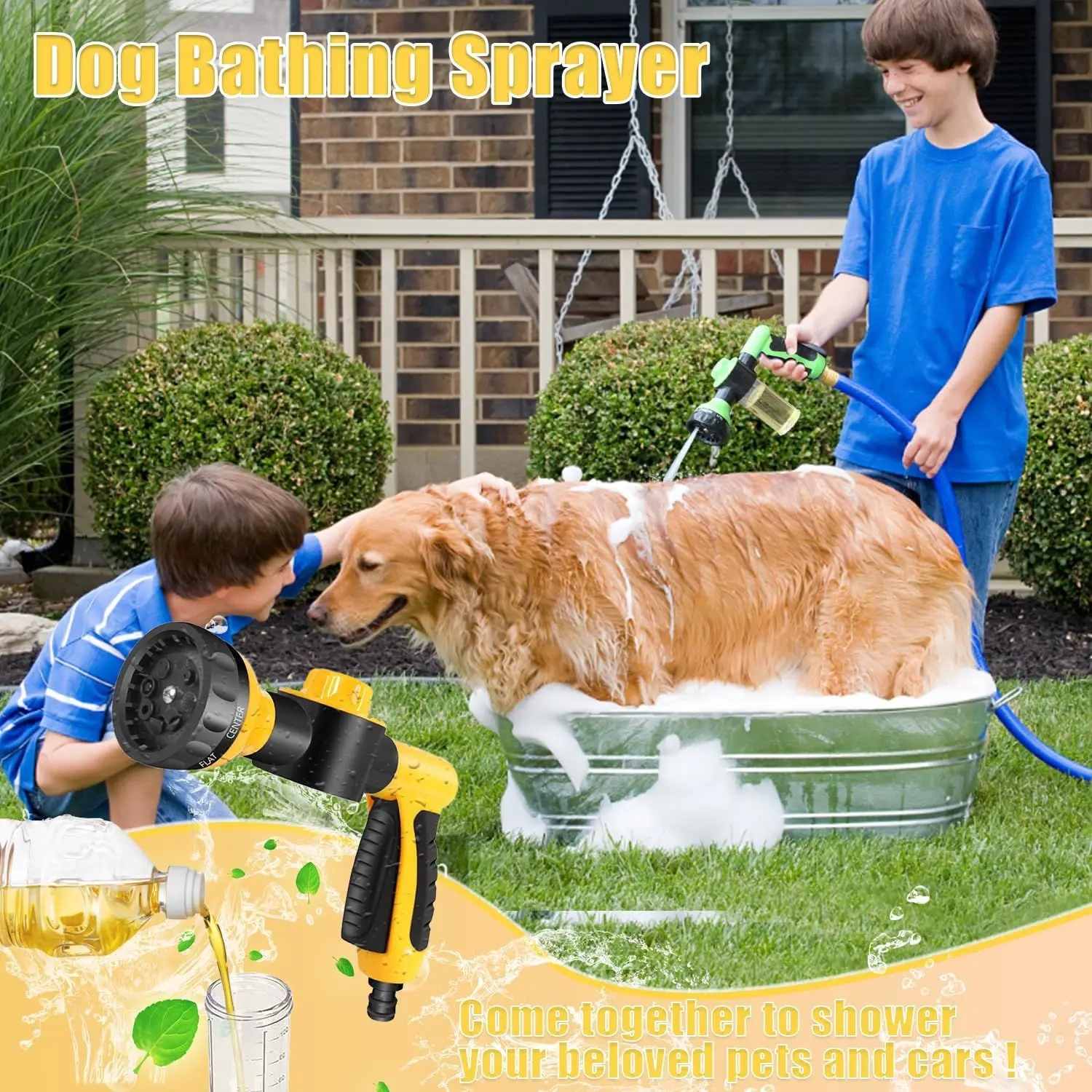 2 in 1 Dog Bathing Sprayer with Built-in Shampoo Foam Bottle Adjustable Water Modes Handheld Pet Shower Tool for Pet Grooming