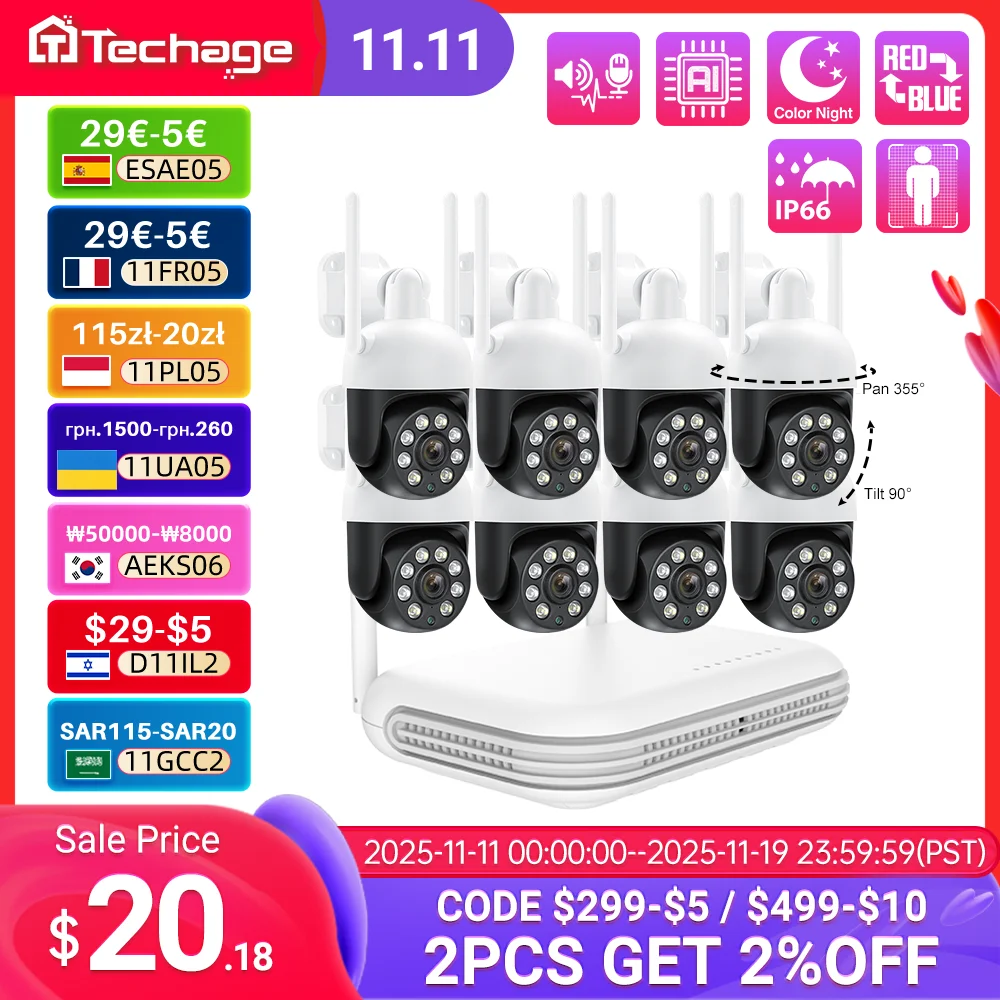 Techage 8CH 4MP WiFi IP Camera System Surveillance Kit Atuo Tracking Two-way Audio Night Vision Wireless Security Camera Set