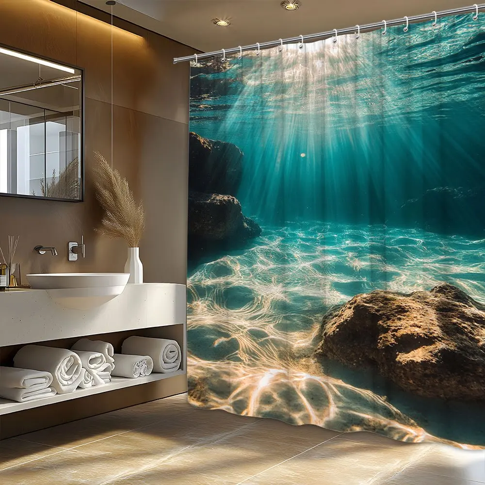 Underwater Shower Curtain Ocean Sea View Print Waterproof Fabric Bathroom Curtains with Hooks Sunlight Rays Marine Home Decor