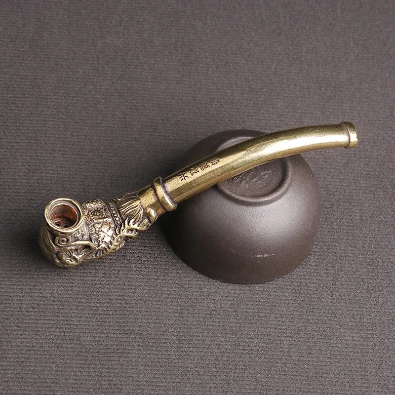 Retro Traditional Dragon Phoenix Embossed Copper Pipe Home Decor Crafts Brass Carved Tobacco Pipe Home Decoration Ornaments