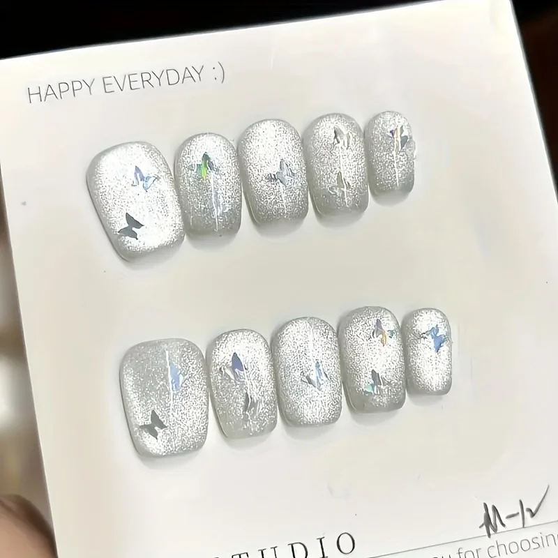 

10 шт., высококачественные накладные ногти ручной работы с серебряным кошачьим глазом и бабочкой, короткие накладные ногти с эффектом кошачьего глаза для девочек