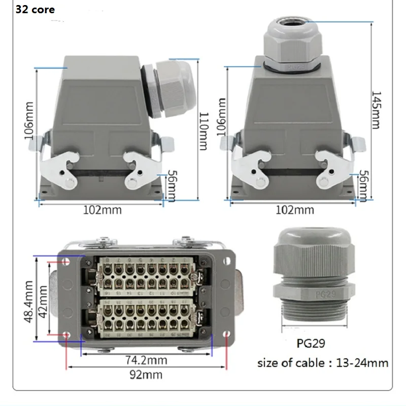 

Small size HDC-HA 32 core heavy duty connector Aviation waterproof electrical distribution cabinet Plug socket 250V 16A