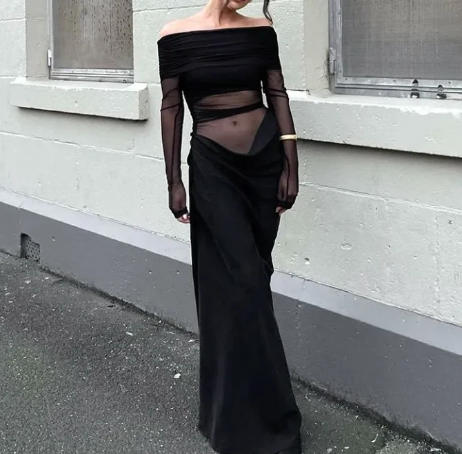 Vestidos para mujer 2025 primavera nueva moda fuera del hombro Sexy malla recortada negro mangas largas Casual Slim Fit Maxi vestido