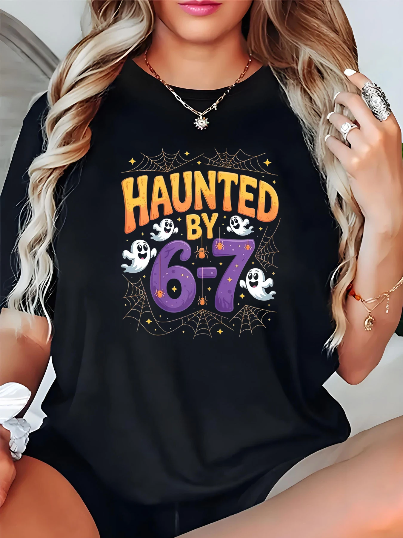 

Футболка на Хэллоуин с привидениями 6-7 и принтом призраков, женская повседневная свободная футболка, костюм для вечеринки, топ для женщин