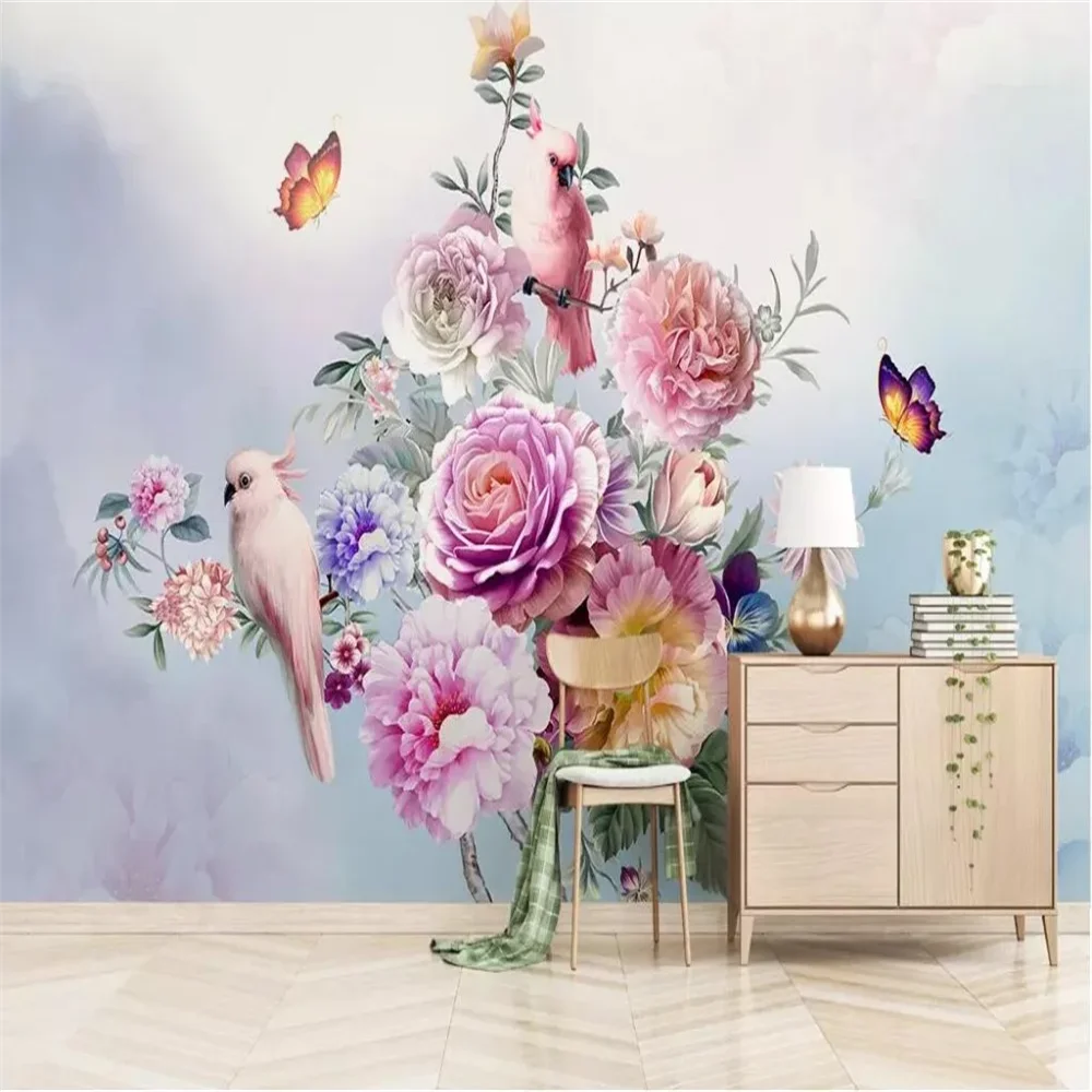 Custom photo Mural Wallpaper Large Wall paper Vintage rose parrot Painting Living Room Sofa Backdrop home improvement Stickers