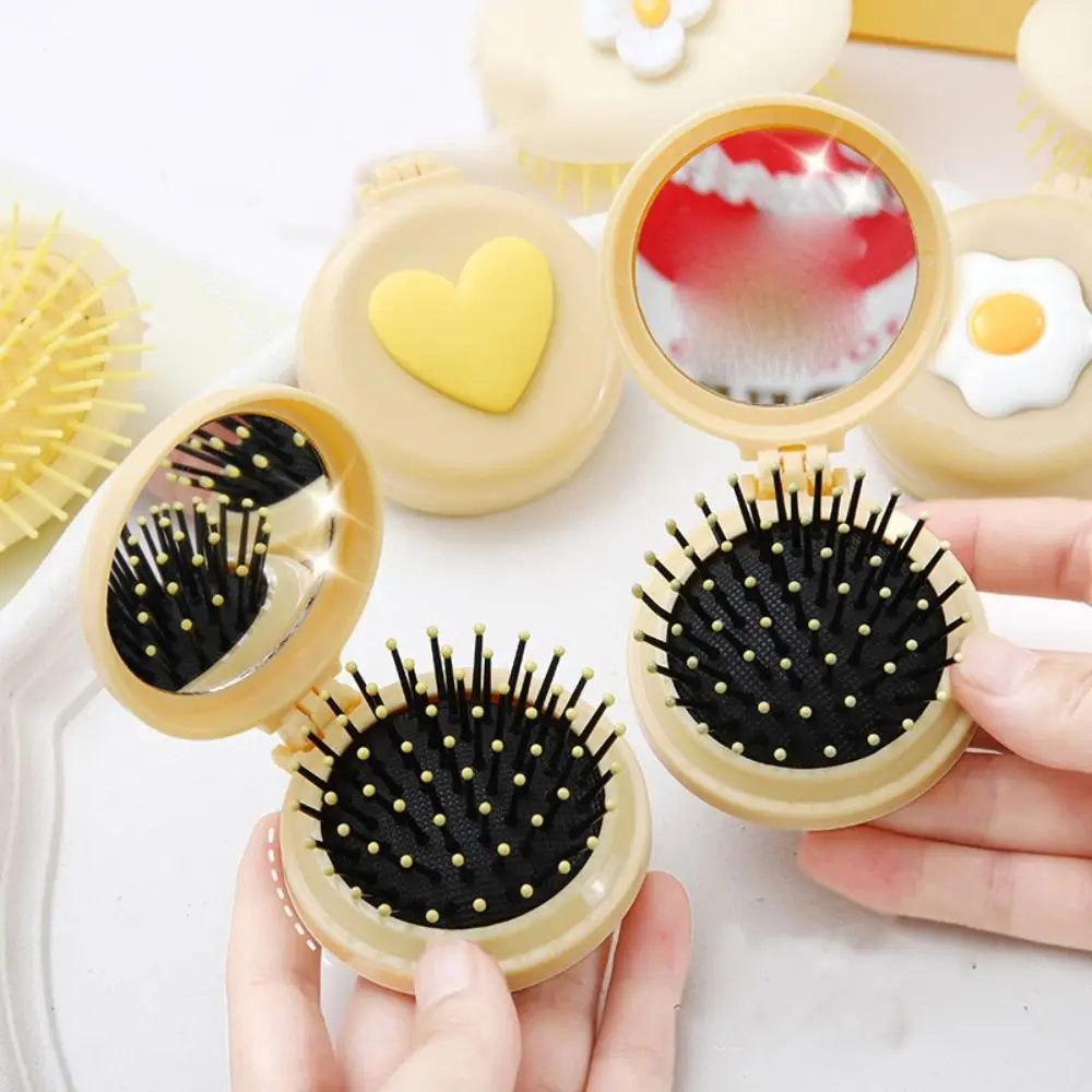 

Eggs Cartoon 2 in 1 Comb Mirror Set Love Heart Anti Static Bowknot Air Bag Hair Comb Korean Style Flower