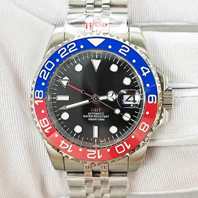 40mm GMT Watch Case Fit NH34 Movement Ceramic Bezel Sapphire Glass Stainless Steel NH34 Case Men's automatic watch accessories