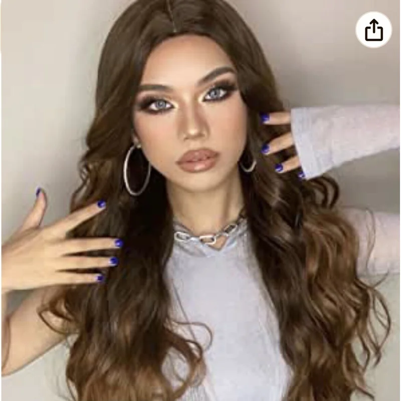 mishair Long Curly Wavy Brown Wig 28 inch Synthetic with middle parting