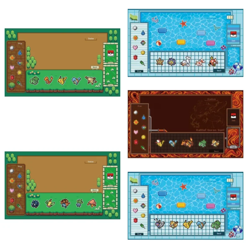 

Anime Pokemon GAME PTCG Dedicated Card Play Mat Battle Against Pixels Style Grass Water Fire Type Gym Collection Toys 60*35cm