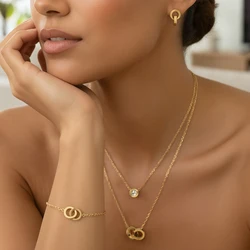 4 Piece women's Stainless Steel Double Loop Buckle Overlay Wear Necklace Bracelet Earrings Birthday  Party Date Gift