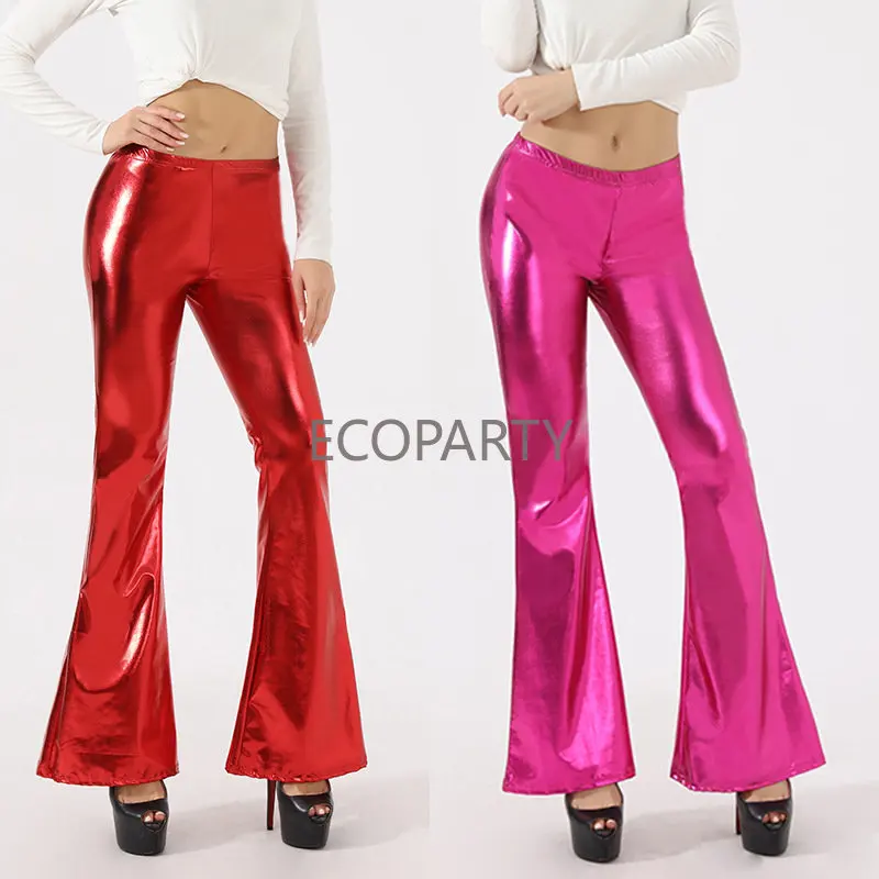 

New Sexy PU Leather Metallic Pants Shiny Holographic Flare Pants Women Girls Bodycon Elastic Waist Bell Bottom Trousers Clubwear
