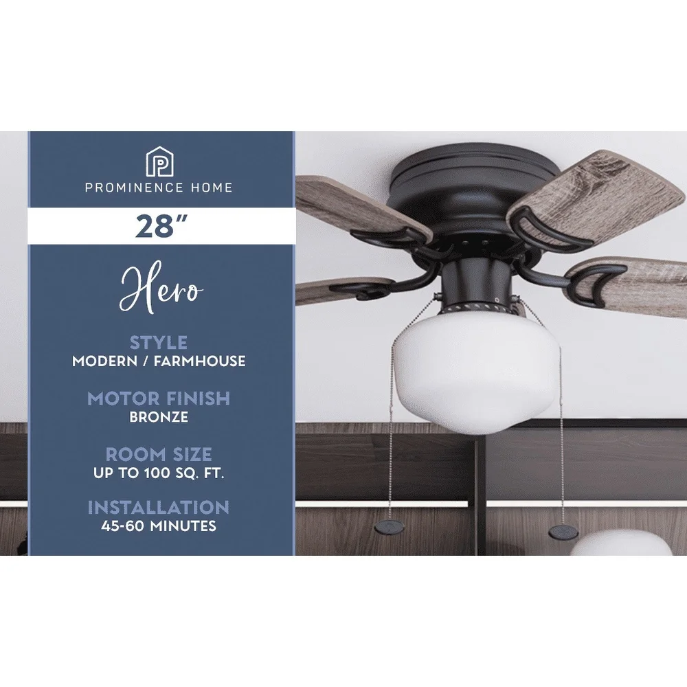 مروحة سقف برونزية مقاس 28 بوصة مع سلاسل سحب LED خفيفة قابلة للتعتيم، شفرات قابلة للعكس، تصميم منخفض المستوى للاستخدام الداخلي