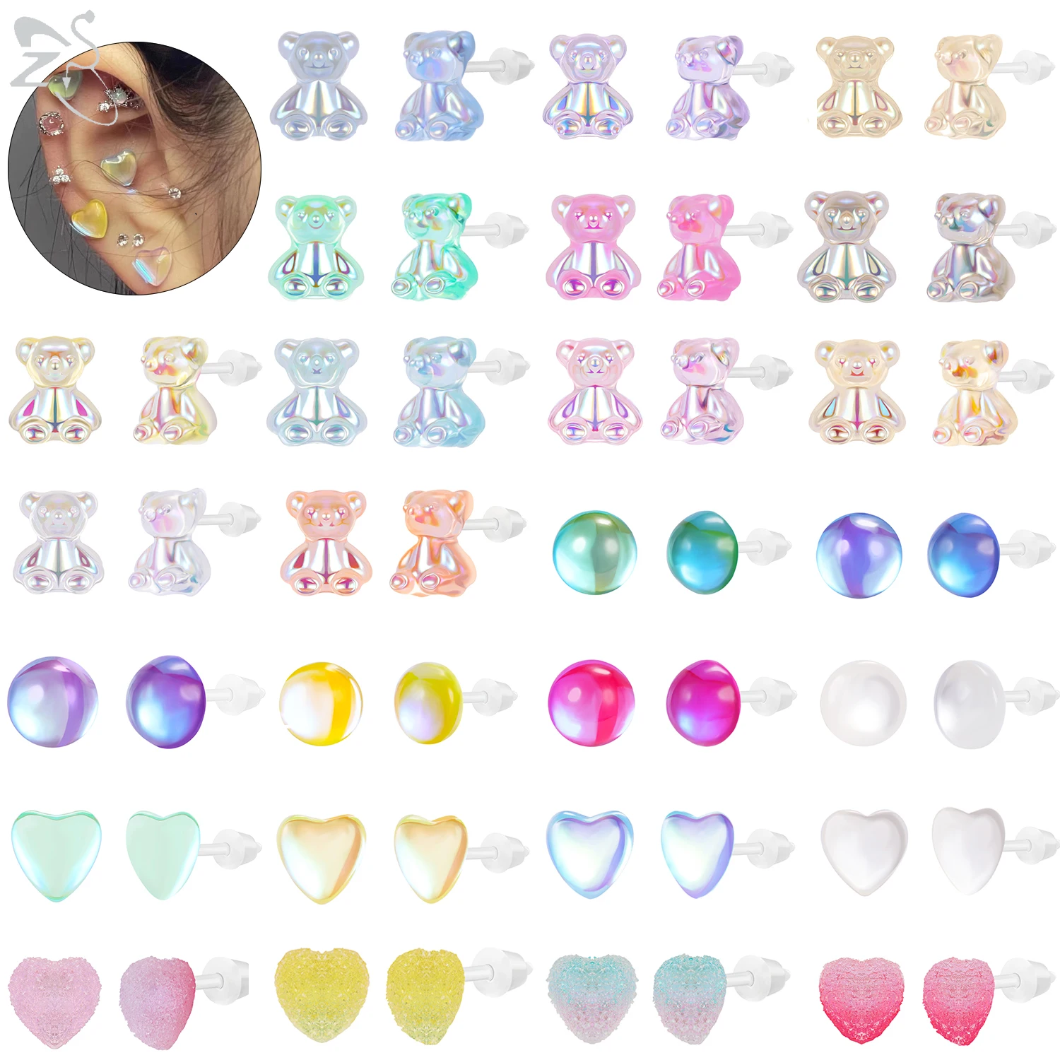 

ZS 6Pcs/lot Cute Animals Shape Stud Earring Acrylic Heart Fish Invisible Resin Ear Studs Helix Conch Rock Piercings Jewelry 21G