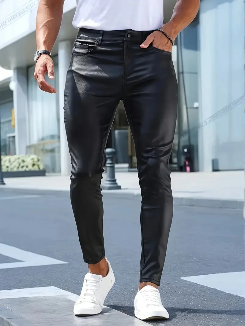 

Мужские деловые тонкие повседневные брюки из искусственной кожи с пятью карманами