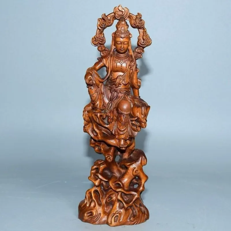 

Hand-Carved Boxwood Seated Guanyin Statue - 5.5"x2" Flame Halo Bodhisattva Sculpture Home Decor, Wooden Buddha Figurine