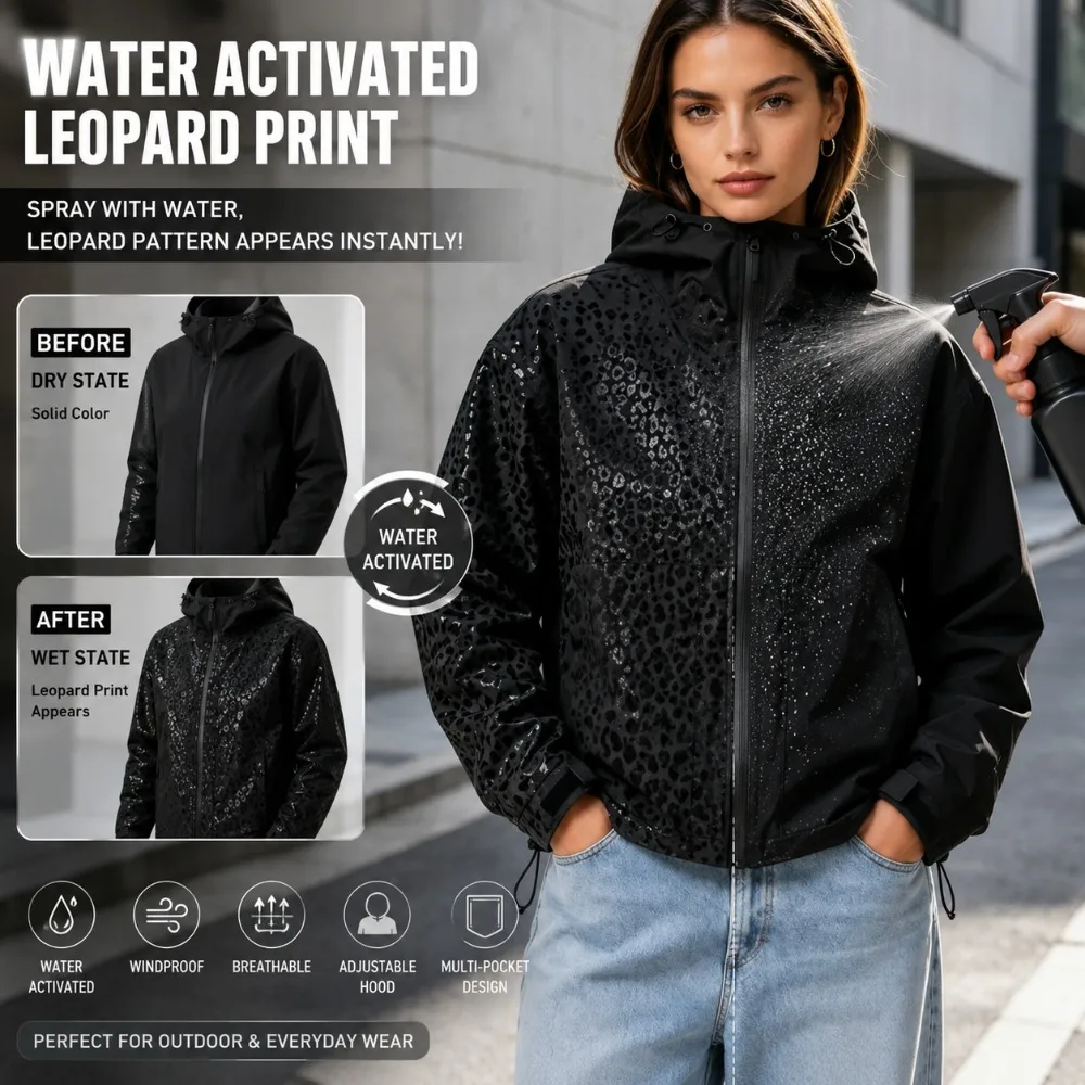 Water Activated Leopard Print Jacket, Hooded Windbreaker Coat for Women and men, Outdoor Casual Rain Jacket, Fashion Sportswear