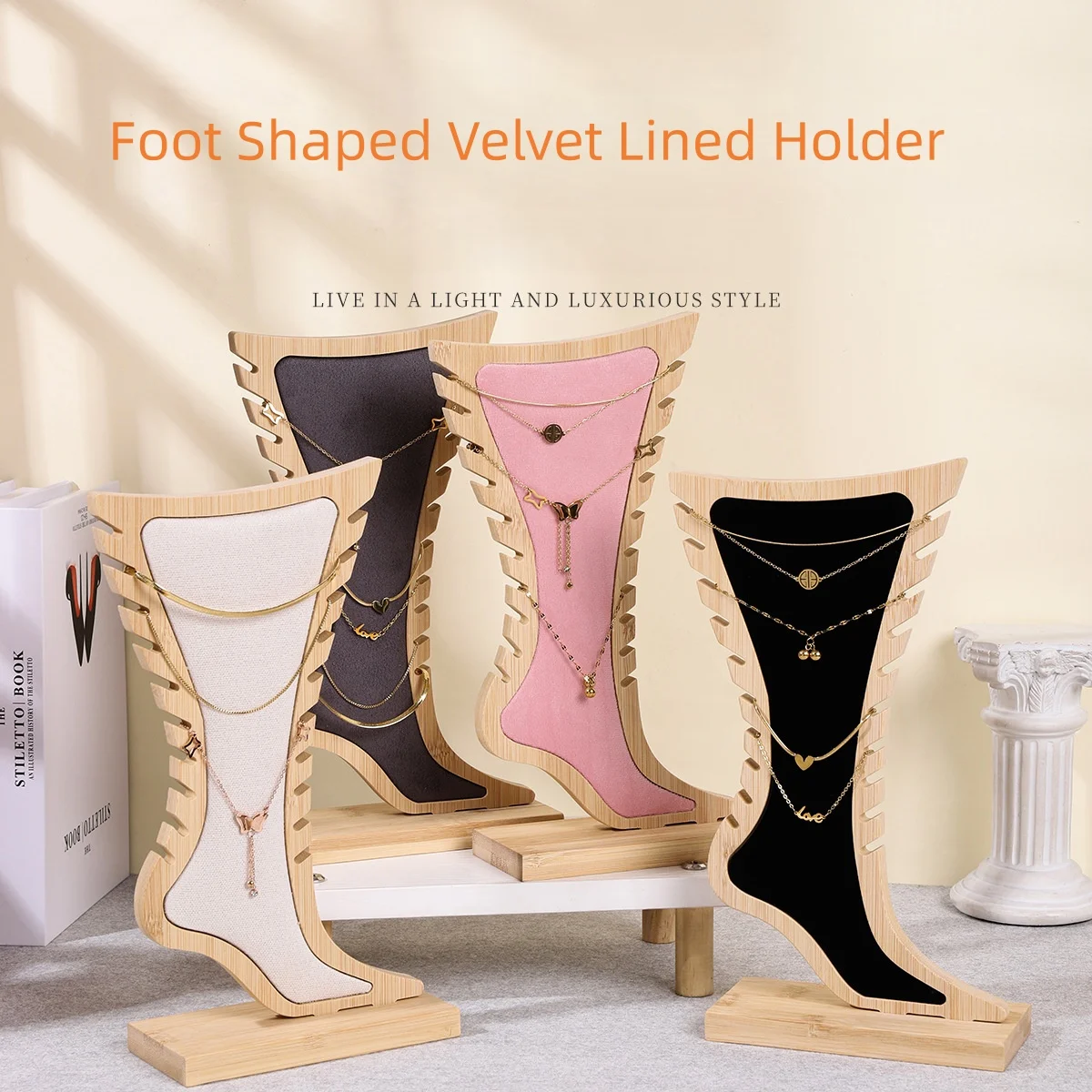 

Bamboo Jewelry Display Stand Foot Shaped Velvet Lined Holder for Necklace Chain Organizer Rack for Retail Showcase & Photography