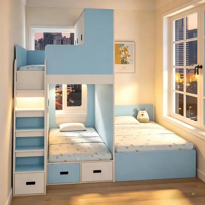 Triple Bunk Bed for Kids Space Saving Staggered Design 3 Beds in One Room Ideal for Small Apartments Siblings Sleep