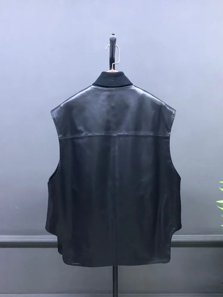 Fashion Women Loose Fit Sleeveless Jacket Lapel Collar Cardigan Real Sheepskin Genuine Leather Vest Spring Streetwear Waistcoat