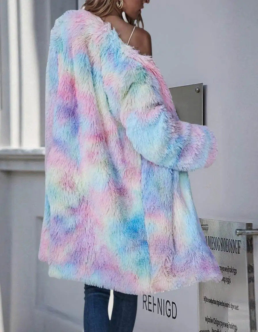 Spring and Autumn Korean Chic Color Blocking Collar Loose Coat Women Clothing Winter Coat Faux Fox Fur Plush Long Jackets Women