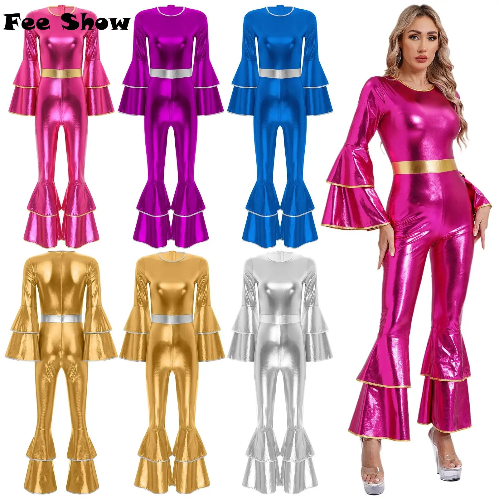 

Womens Vintage 70s Disco Dancewear Metallic Shiny Full Body Jumpsuit Tiered Flare Sleeve Bell Bottom Hippie Romper Costumes