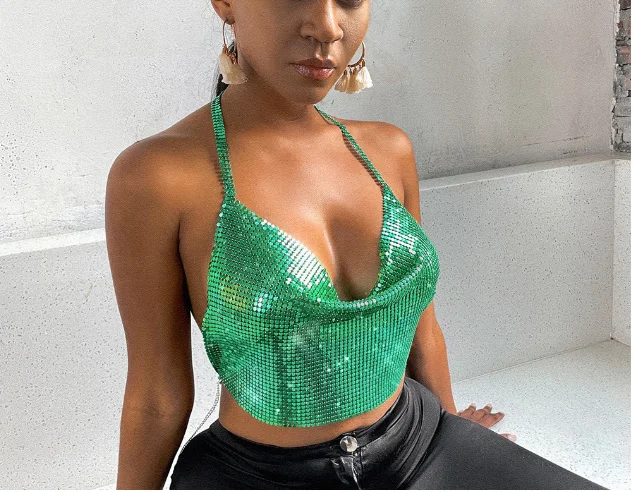 Sexy green Bling Bling Sparkly Metal Rhinestones Crop Top Women Ladies Fashion Tank Camis Backless Halter Party Crop Tops